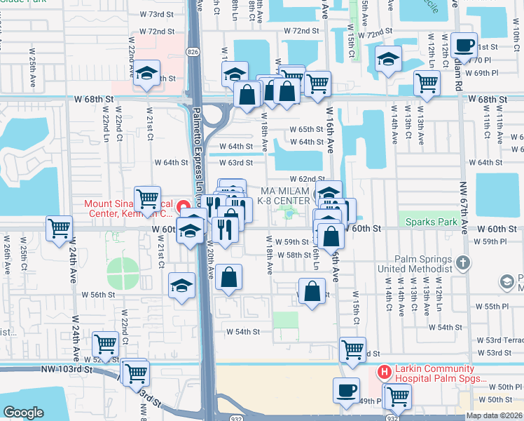 map of restaurants, bars, coffee shops, grocery stores, and more near 6195 West 18th Avenue in Hialeah