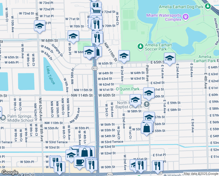 map of restaurants, bars, coffee shops, grocery stores, and more near 275 West 61st Street in Hialeah