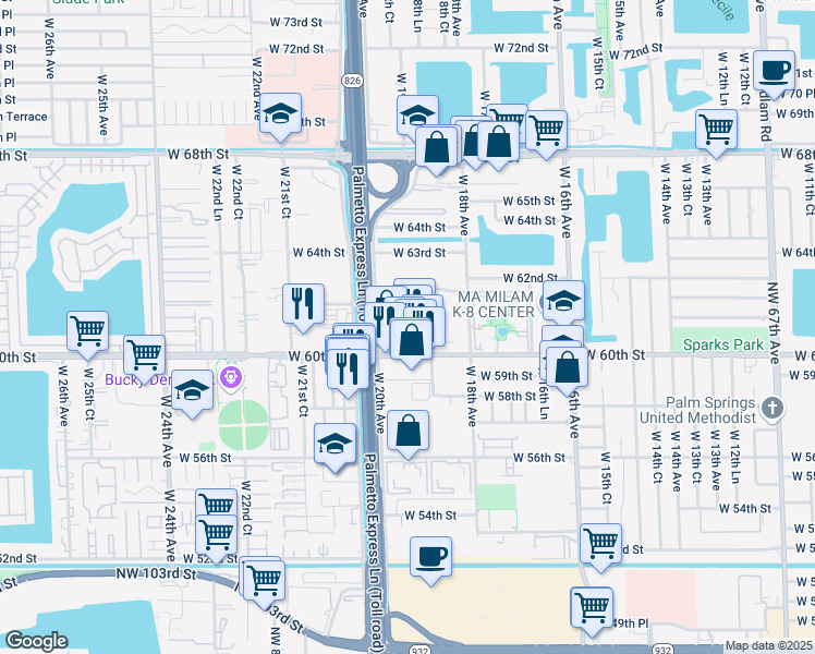 map of restaurants, bars, coffee shops, grocery stores, and more near 1955 West 60th Street in Hialeah