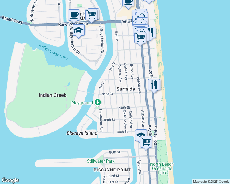 map of restaurants, bars, coffee shops, grocery stores, and more near 9100 Emerson Avenue in Surfside