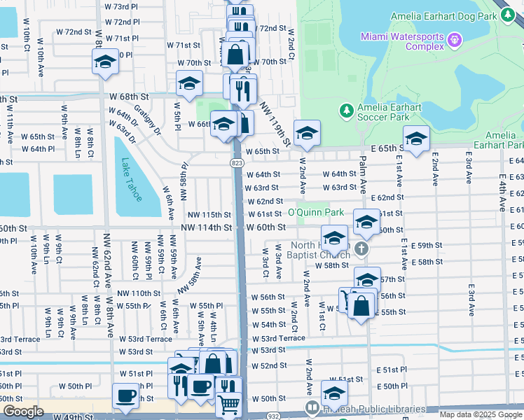 map of restaurants, bars, coffee shops, grocery stores, and more near 275 West 61st Street in Hialeah