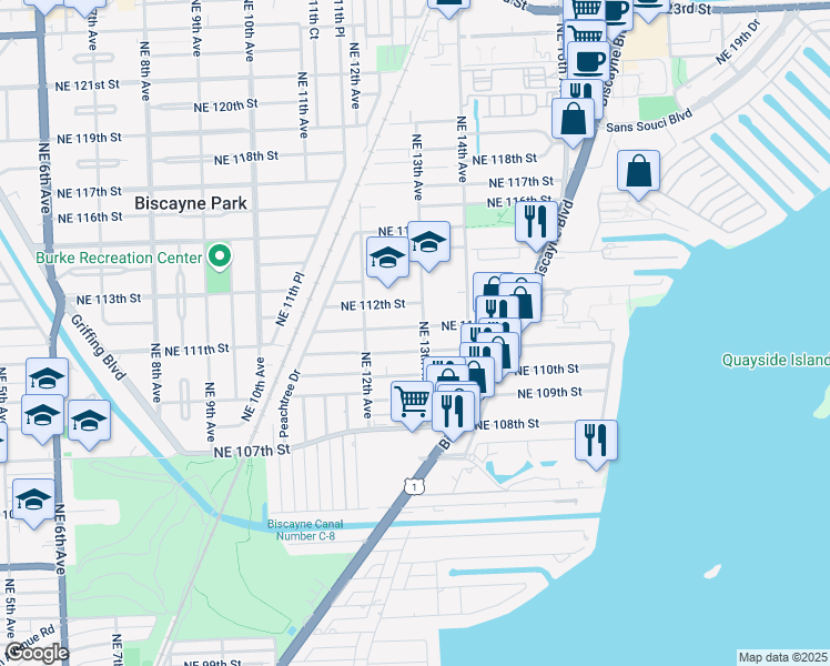 map of restaurants, bars, coffee shops, grocery stores, and more near 1284 Northeast 111th Street in Miami