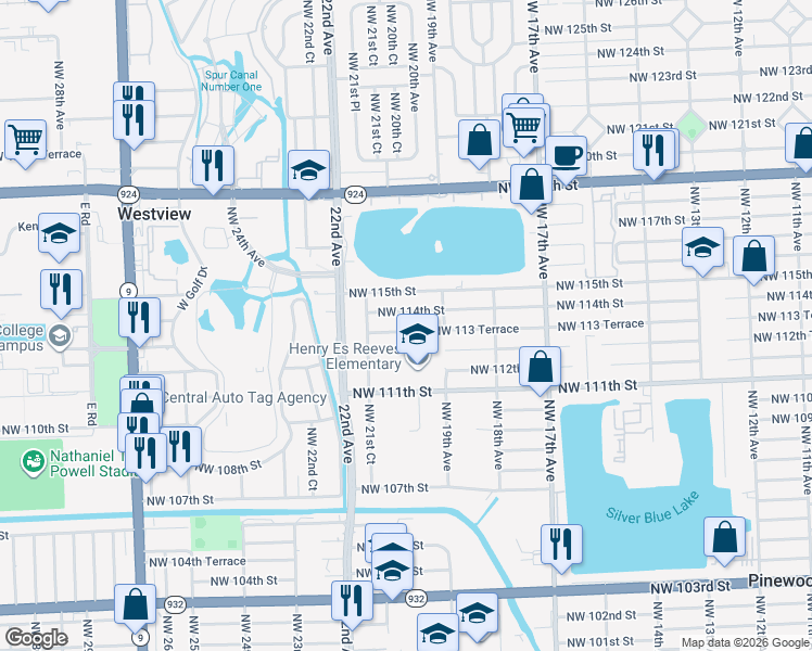 map of restaurants, bars, coffee shops, grocery stores, and more near 2035 Northwest 113 Terrace in Miami