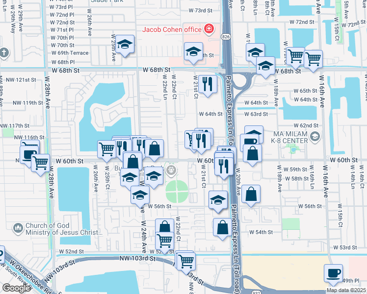 map of restaurants, bars, coffee shops, grocery stores, and more near 6091 West 22nd Court in Hialeah