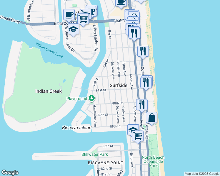 map of restaurants, bars, coffee shops, grocery stores, and more near 9100 Emerson Avenue in Surfside