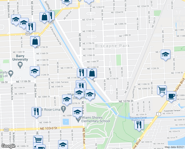 map of restaurants, bars, coffee shops, grocery stores, and more near 11133 Griffing Boulevard in Biscayne Park