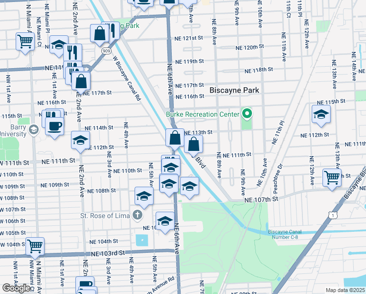 map of restaurants, bars, coffee shops, grocery stores, and more near 11150 Griffing Boulevard in Biscayne Park