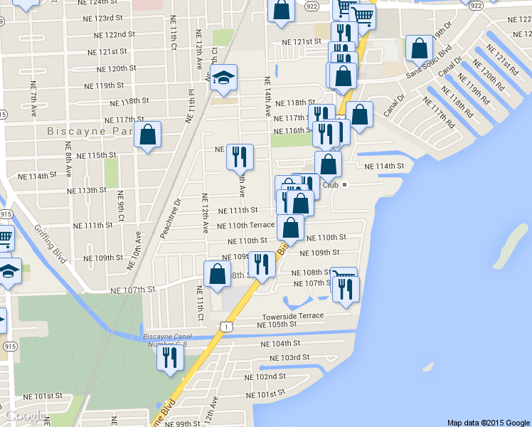 map of restaurants, bars, coffee shops, grocery stores, and more near 1350 Northeast 111th Street in Miami