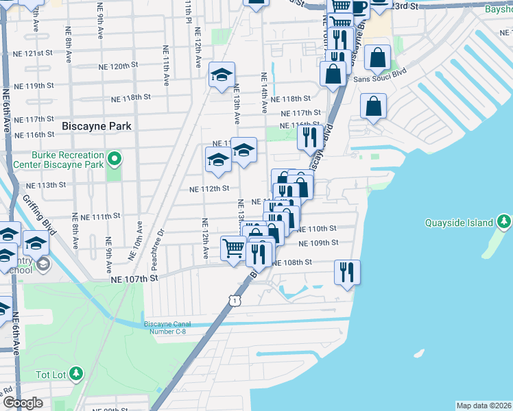 map of restaurants, bars, coffee shops, grocery stores, and more near 1350 Northeast 111th Street in Miami