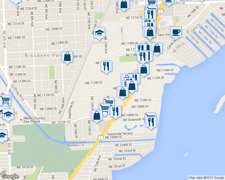 map of restaurants, bars, coffee shops, grocery stores, and more near 1350 Northeast 111th Street in Miami