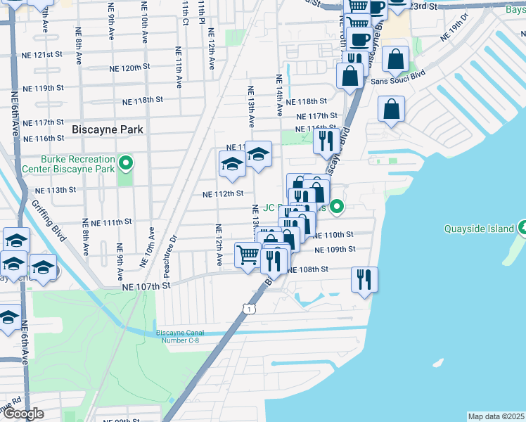 map of restaurants, bars, coffee shops, grocery stores, and more near 1350 Northeast 111th Street in Miami