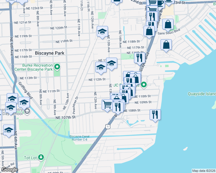 map of restaurants, bars, coffee shops, grocery stores, and more near 1284 Northeast 111th Street in Miami