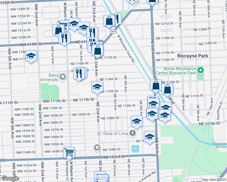 map of restaurants, bars, coffee shops, grocery stores, and more near 300 Northeast 112th Street in Miami
