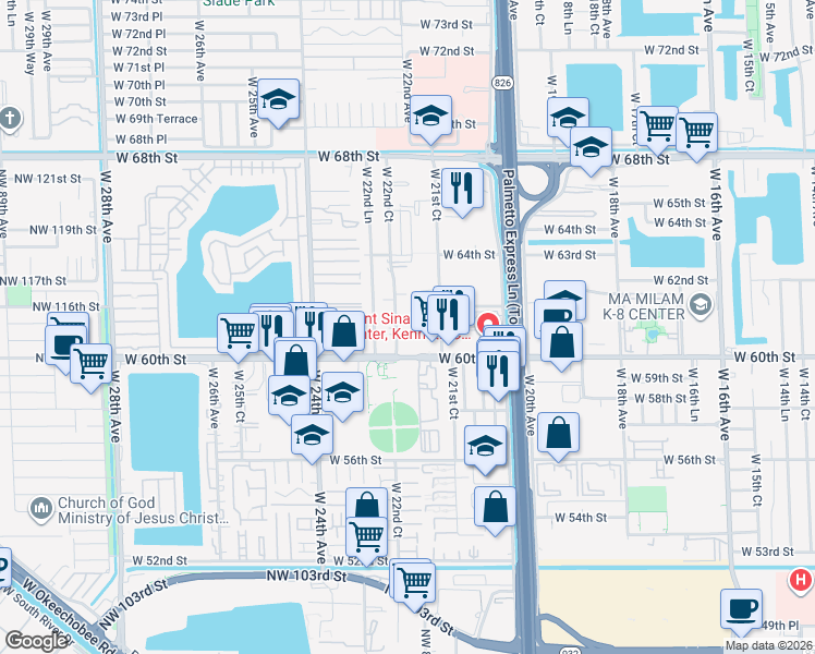 map of restaurants, bars, coffee shops, grocery stores, and more near 6091 West 22nd Court in Hialeah