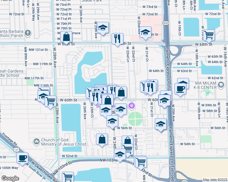 map of restaurants, bars, coffee shops, grocery stores, and more near 6121 West 24th Avenue in Hialeah