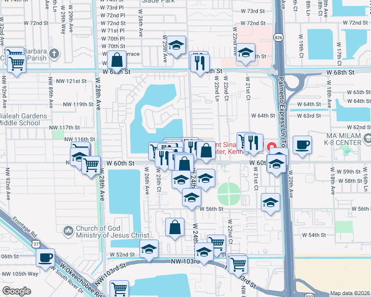 map of restaurants, bars, coffee shops, grocery stores, and more near 2490 West 60th Place in Hialeah
