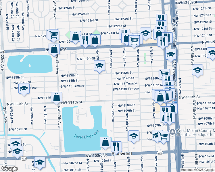 map of restaurants, bars, coffee shops, grocery stores, and more near 1200 Northwest 113 Terrace in Miami