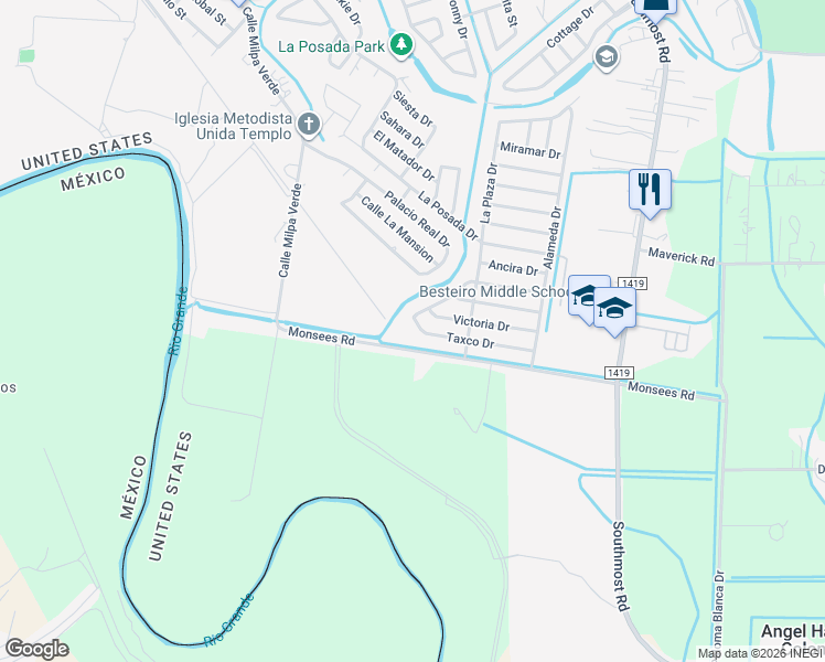 map of restaurants, bars, coffee shops, grocery stores, and more near 1818 Taxco Drive in Brownsville