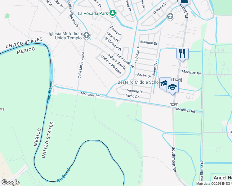 map of restaurants, bars, coffee shops, grocery stores, and more near 1818 Taxco Drive in Brownsville