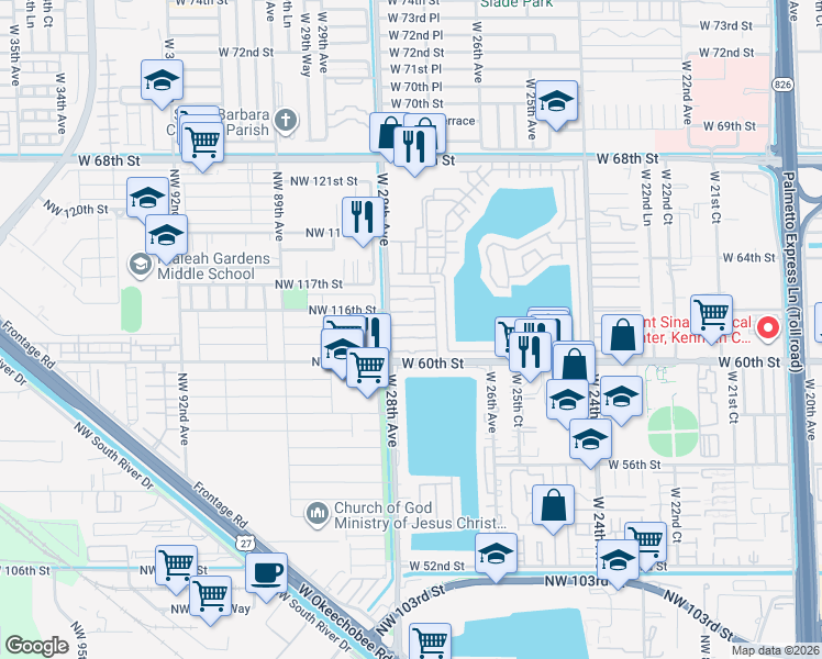 map of restaurants, bars, coffee shops, grocery stores, and more near 101 West 61st Street in Hialeah