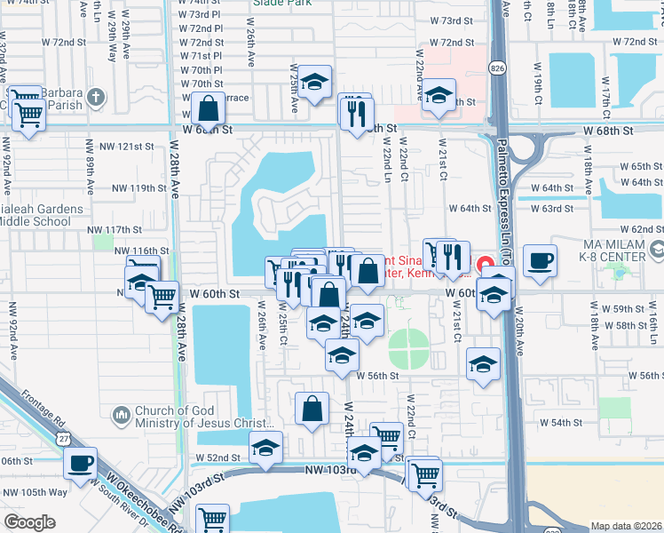 map of restaurants, bars, coffee shops, grocery stores, and more near 2490 West 60th Place in Hialeah