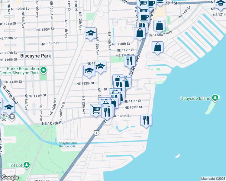 map of restaurants, bars, coffee shops, grocery stores, and more near 1437 Northeast 110th Terrace in Miami