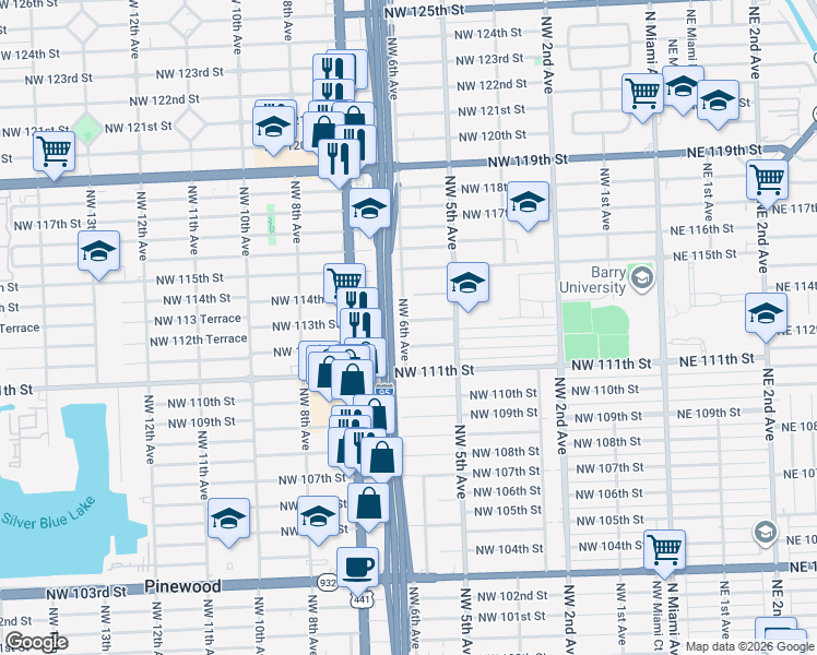 map of restaurants, bars, coffee shops, grocery stores, and more near 11291 Northwest 6th Avenue in Miami