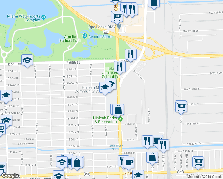 map of restaurants, bars, coffee shops, grocery stores, and more near 5987-6027 East 7th Avenue in Hialeah