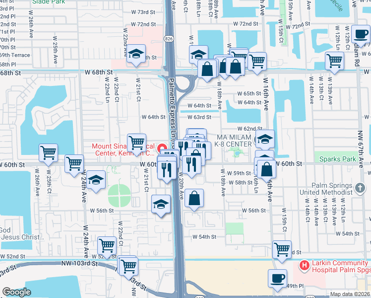 map of restaurants, bars, coffee shops, grocery stores, and more near 1955 West 60th Street in Hialeah