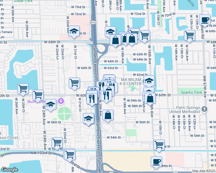 map of restaurants, bars, coffee shops, grocery stores, and more near 1955 West 60th Street in Hialeah