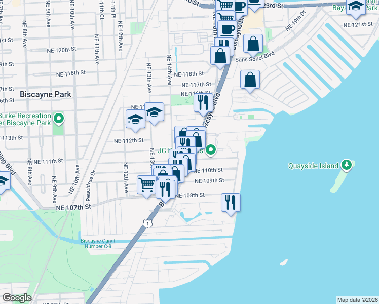 map of restaurants, bars, coffee shops, grocery stores, and more near 11098 Biscayne Boulevard in Miami