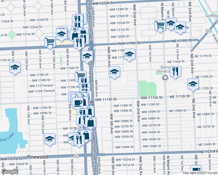 map of restaurants, bars, coffee shops, grocery stores, and more near 11230 Northwest 5th Avenue in Miami