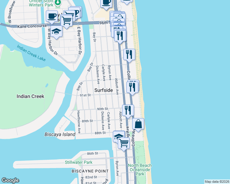 map of restaurants, bars, coffee shops, grocery stores, and more near 409 91st Street in Surfside
