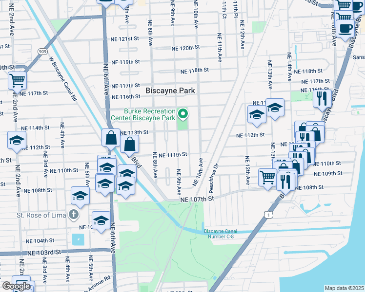 map of restaurants, bars, coffee shops, grocery stores, and more near 11103 Northeast 9th Avenue in Biscayne Park