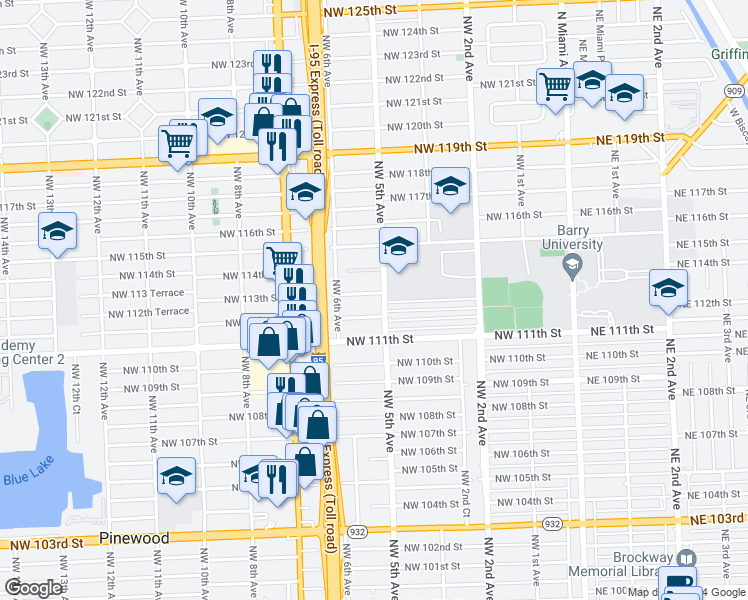 map of restaurants, bars, coffee shops, grocery stores, and more near 11230 Northwest 5th Avenue in Miami