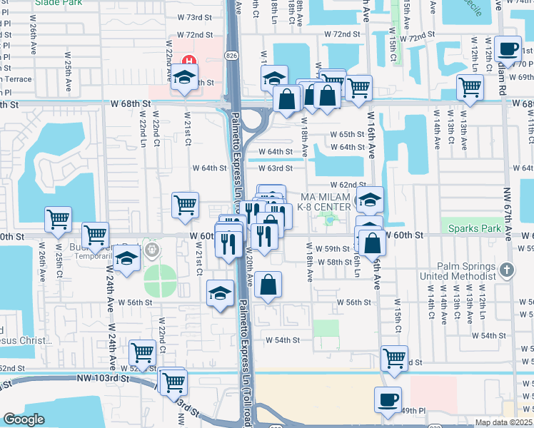 map of restaurants, bars, coffee shops, grocery stores, and more near 1955 West 60th Street in Hialeah