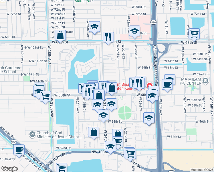 map of restaurants, bars, coffee shops, grocery stores, and more near 6121 West 24th Avenue in Hialeah