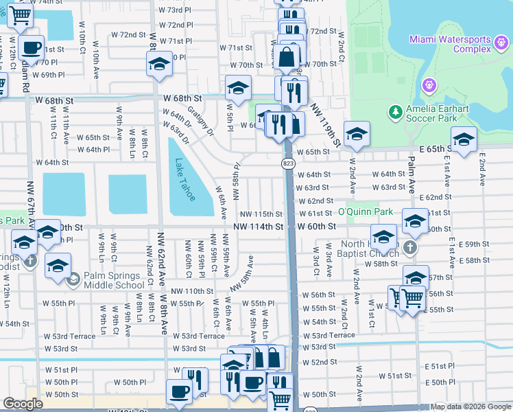 map of restaurants, bars, coffee shops, grocery stores, and more near 11512 Northwest 58th Avenue in Hialeah