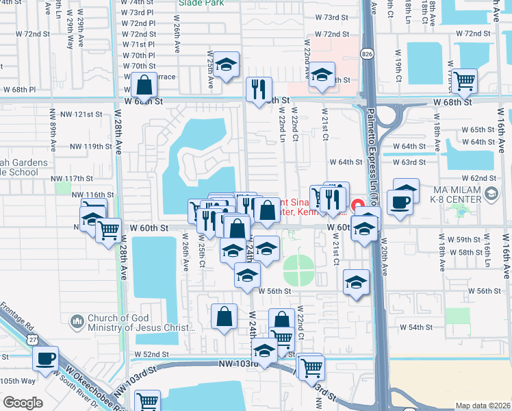 map of restaurants, bars, coffee shops, grocery stores, and more near 6121 West 24th Avenue in Hialeah