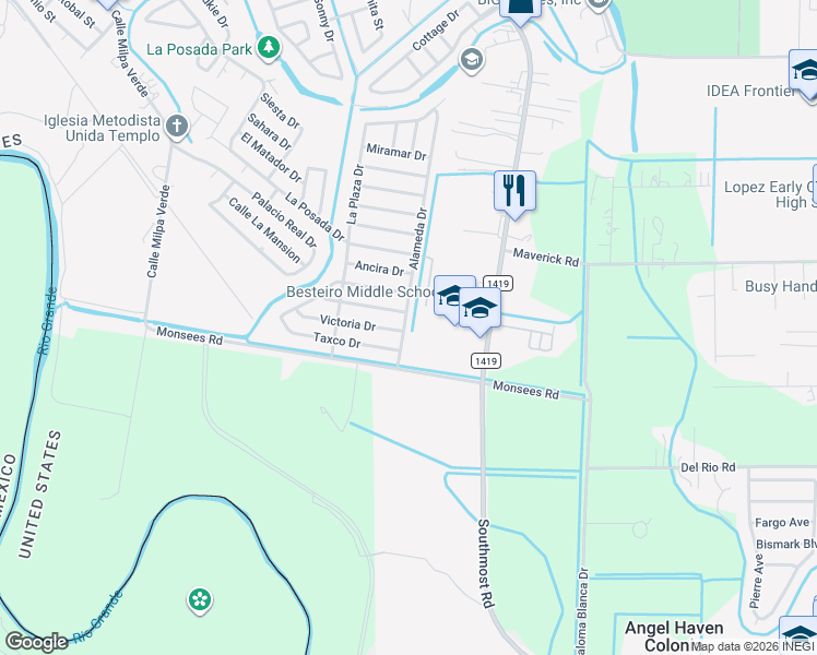 map of restaurants, bars, coffee shops, grocery stores, and more near 3283 Alameda Drive in Brownsville