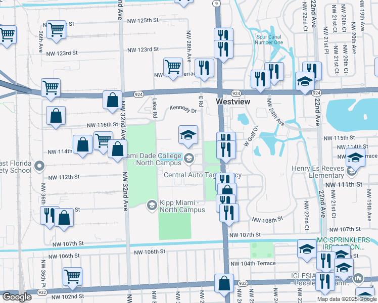 map of restaurants, bars, coffee shops, grocery stores, and more near 11380 Northwest 27th Avenue in Miami