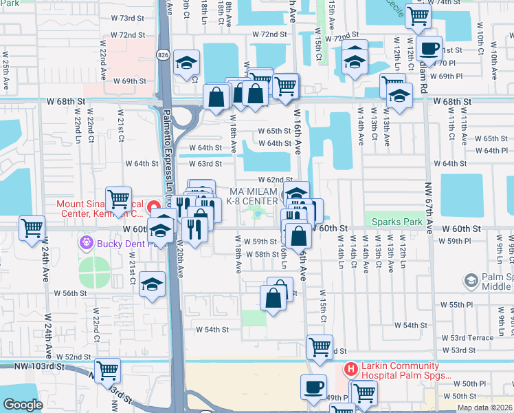 map of restaurants, bars, coffee shops, grocery stores, and more near 1757 West 60th Street in Hialeah