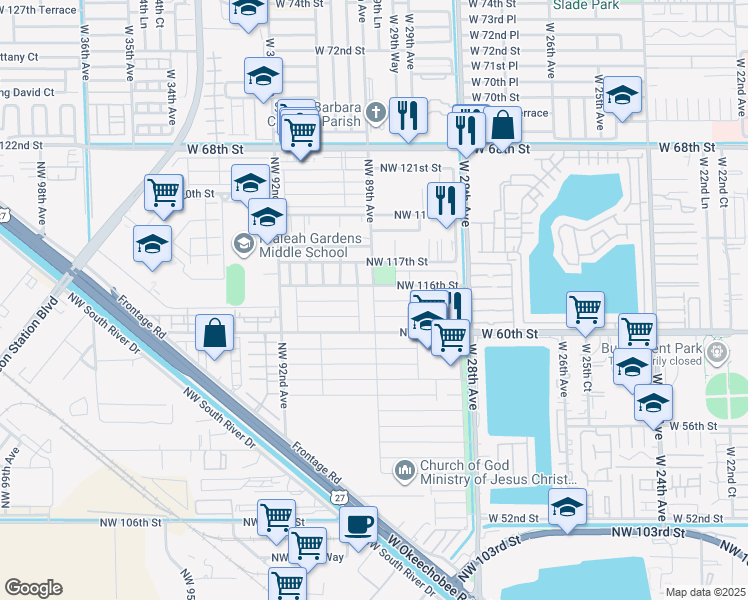 map of restaurants, bars, coffee shops, grocery stores, and more near 11503 Northwest 89th Avenue in Hialeah Gardens