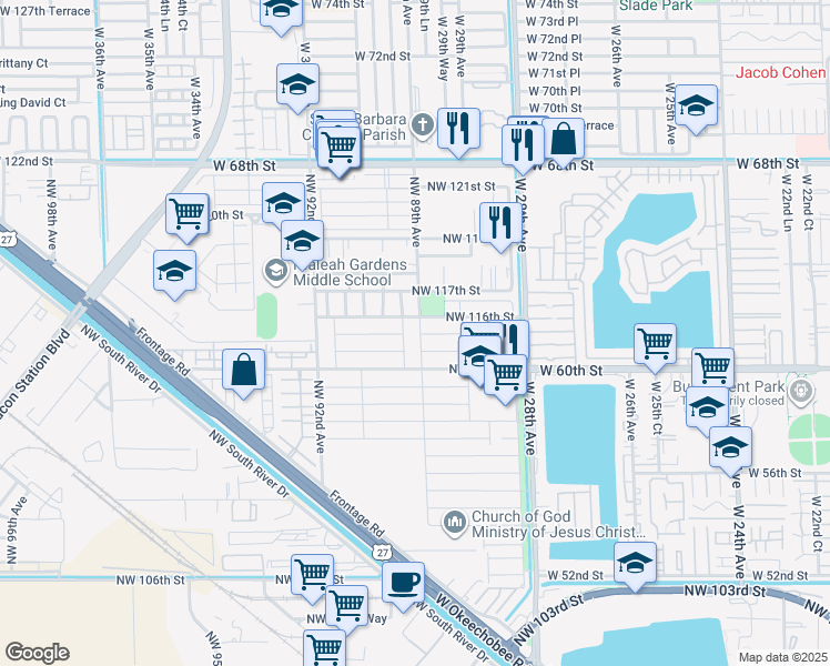 map of restaurants, bars, coffee shops, grocery stores, and more near 11480 Northwest 89th Avenue in Hialeah