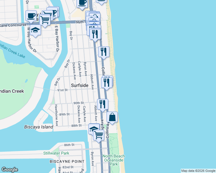 map of restaurants, bars, coffee shops, grocery stores, and more near 9011 Collins Avenue in Surfside
