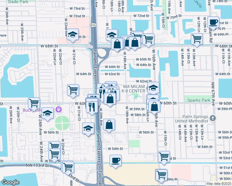 map of restaurants, bars, coffee shops, grocery stores, and more near 6055 West 19th Avenue in Hialeah