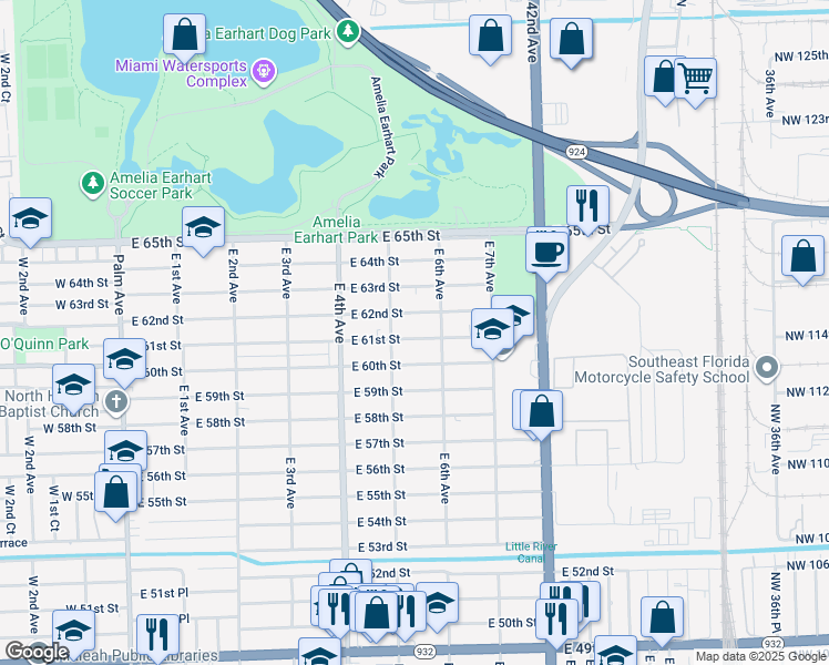 map of restaurants, bars, coffee shops, grocery stores, and more near 530 East 61st Street in Hialeah