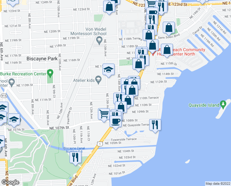 map of restaurants, bars, coffee shops, grocery stores, and more near 1376 Northeast 111th Street in Miami