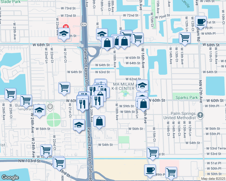 map of restaurants, bars, coffee shops, grocery stores, and more near 6055 West 19th Avenue in Hialeah
