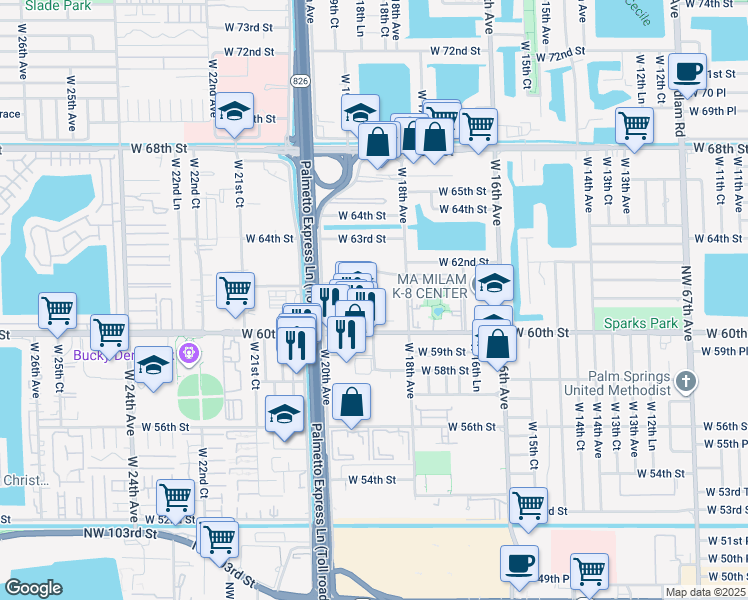 map of restaurants, bars, coffee shops, grocery stores, and more near 6055 West 19th Avenue in Hialeah